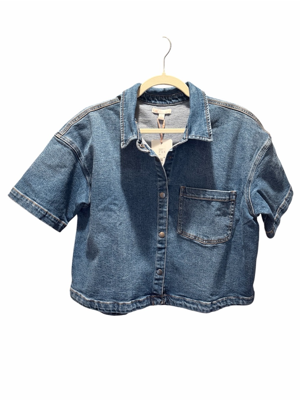 Gianni Bini Cropped Denim Short-Sleeve Button-Up Shirt Blue Large NWT